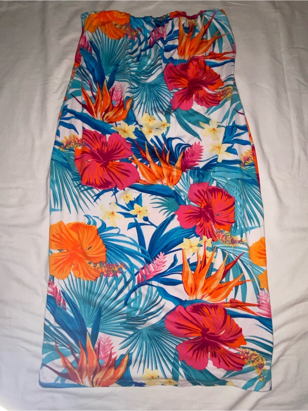Absolutely Strapless Tropical Floral Dress in White, Orange, Pink, Blue